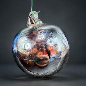 Hand Blown Glass Witch Ball Iridescent Silver Textured Bottom Ornament Glass VTG